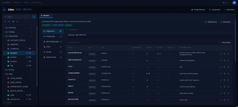 Data model “Account” in the Hub: on the left the tree of folders, enumerations and models, on the right the fields with type, rules, roles and description