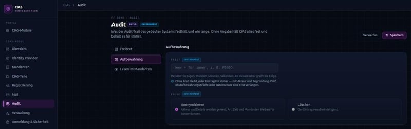 The “Retention” tab of the audit in the Hub: a field for the period and the choice of action once it has passed, anonymise or delete.