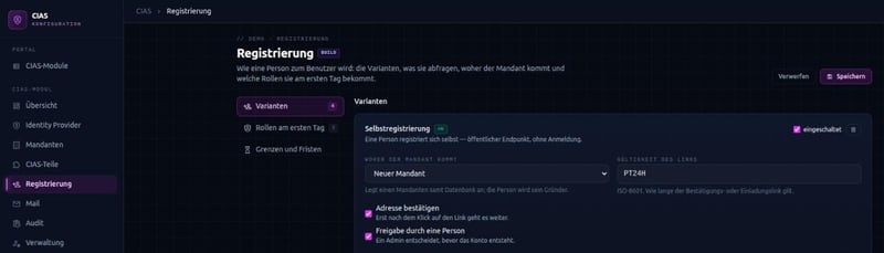 The “Variants” tab of registration in the Hub: self-registration and invitation with the tenant’s origin, link validity, address confirmation and approval by a person.
