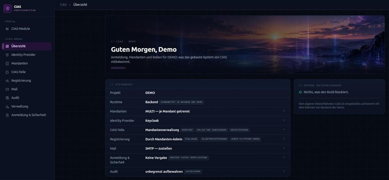 Overview of a CIAS module in the Hub: profile with tenant mode, identity provider, included building blocks, registration paths, mail delivery and audit, next to the open decisions before the build.