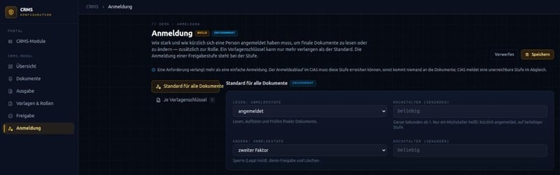 Bereich Anmeldung im CodamAI Hub: Standard für alle endgültigen Dokumente mit Anmeldestufe und Höchstalter für Lesen und Ändern