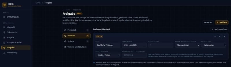 Freigabestufe für Mandanten-Vorlagen im CodamAI Hub: Name Fachliche Prüfung, CIAS-Rolle, Mindestzahl, Autor ausgeschlossen, Bedeutung freigegeben, Anmeldestufe zweiter Faktor